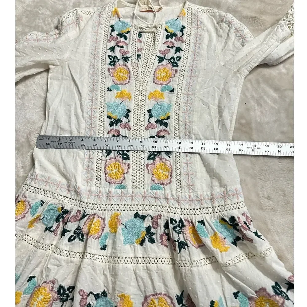 Tory Burch Mini Dress Women's XS White Blue Embroidered Boho Long Sleeve V-Neck